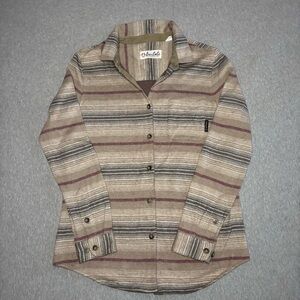 Levitate Soft Strip Button Up Shirt Womens Size M Tan Organic Cotton Outdoorsy